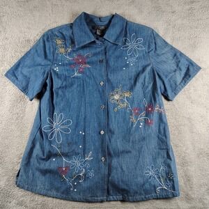 Koret City Blues Women Embroidered Denim Short Sleeve Shirt Jacket Small